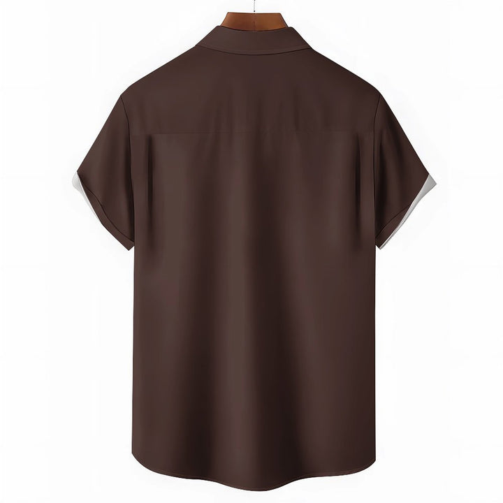 Men's Casual Text Chest Pocket Short Sleeve Bowling Shirt 2401000393