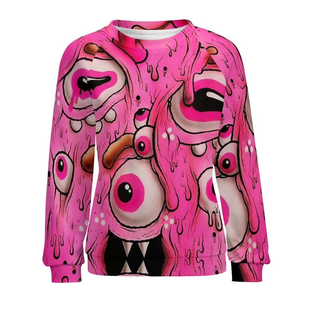 Women's Raglan Round Neck Monster Eye Print Sweatshirt 2310000546