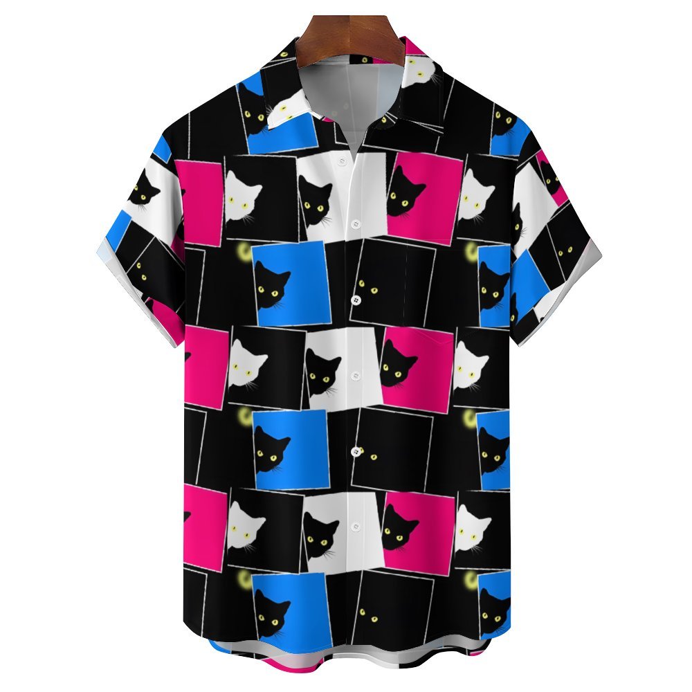 Men's Black Cat Geometric Splicing Casual Short Sleeve Shirt 2401000095