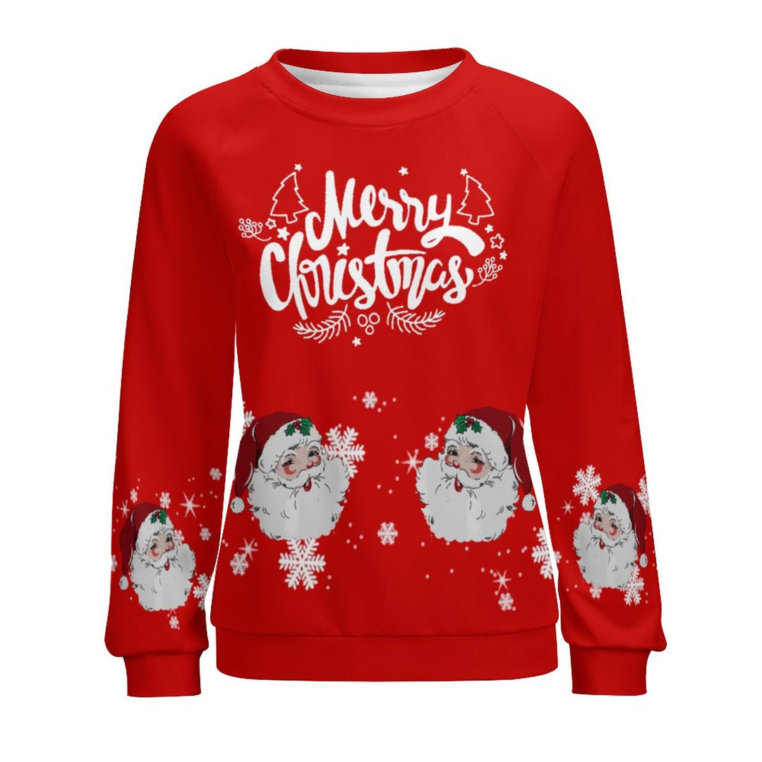 Women's Raglan Crew Neck Fashionable Santa Claus and Snowflake Print Sweatshirt 2310000500