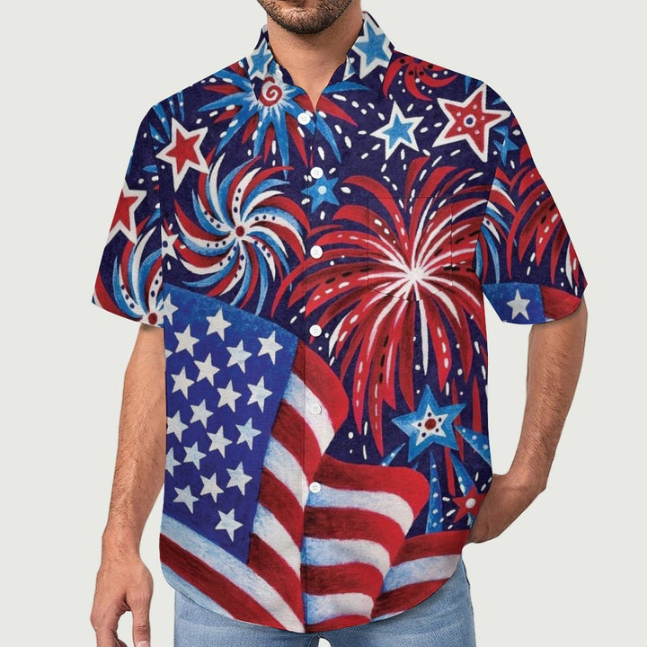 American Flag Chest Pocket Short Sleeve Cotton Linen Lounge Shirt 2306101234
