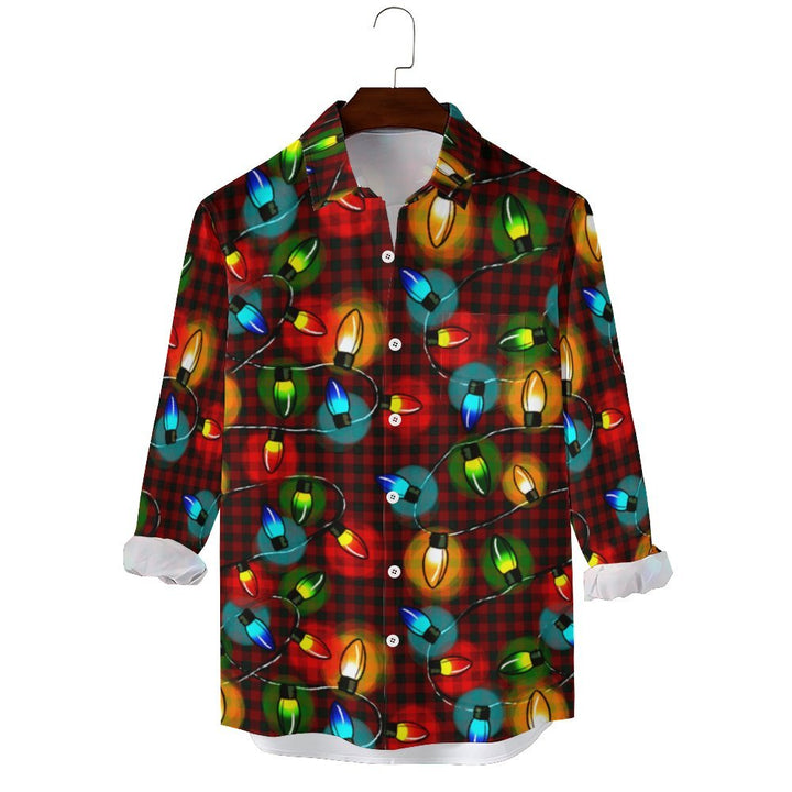 Plaid Holiday Colorful String Lights Printed Long Sleeve Shirt 2311000707