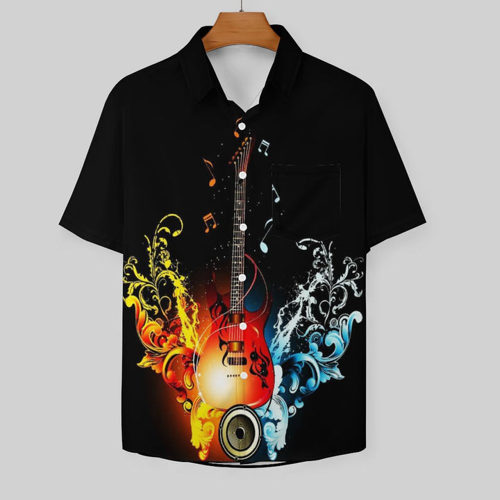 Casual Music Printed Chest Pocket Short Sleeved Shirt 2309000746