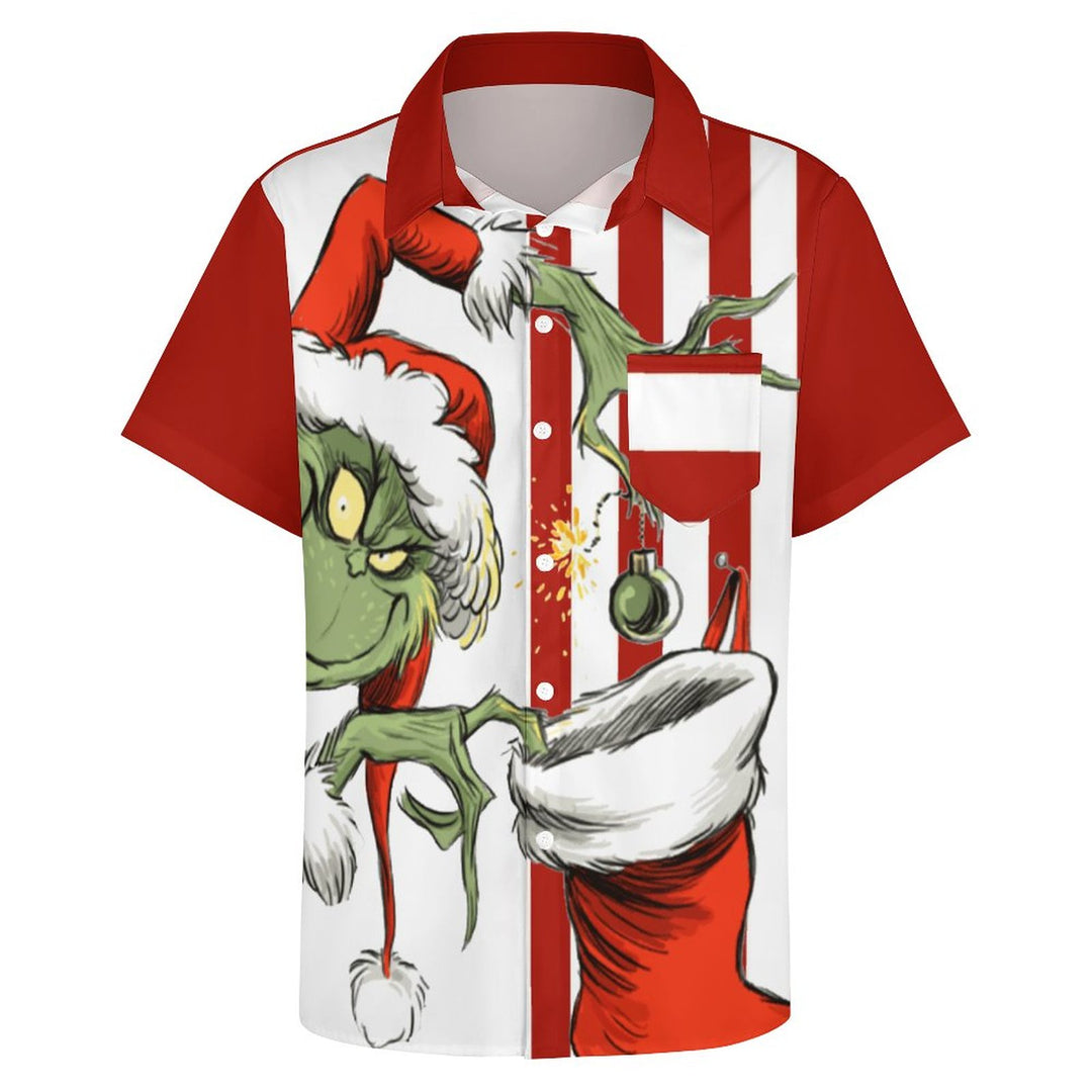 THE GRINCH  Christmas Striped Chest Pocket Short Sleeved Shirt 2310000328