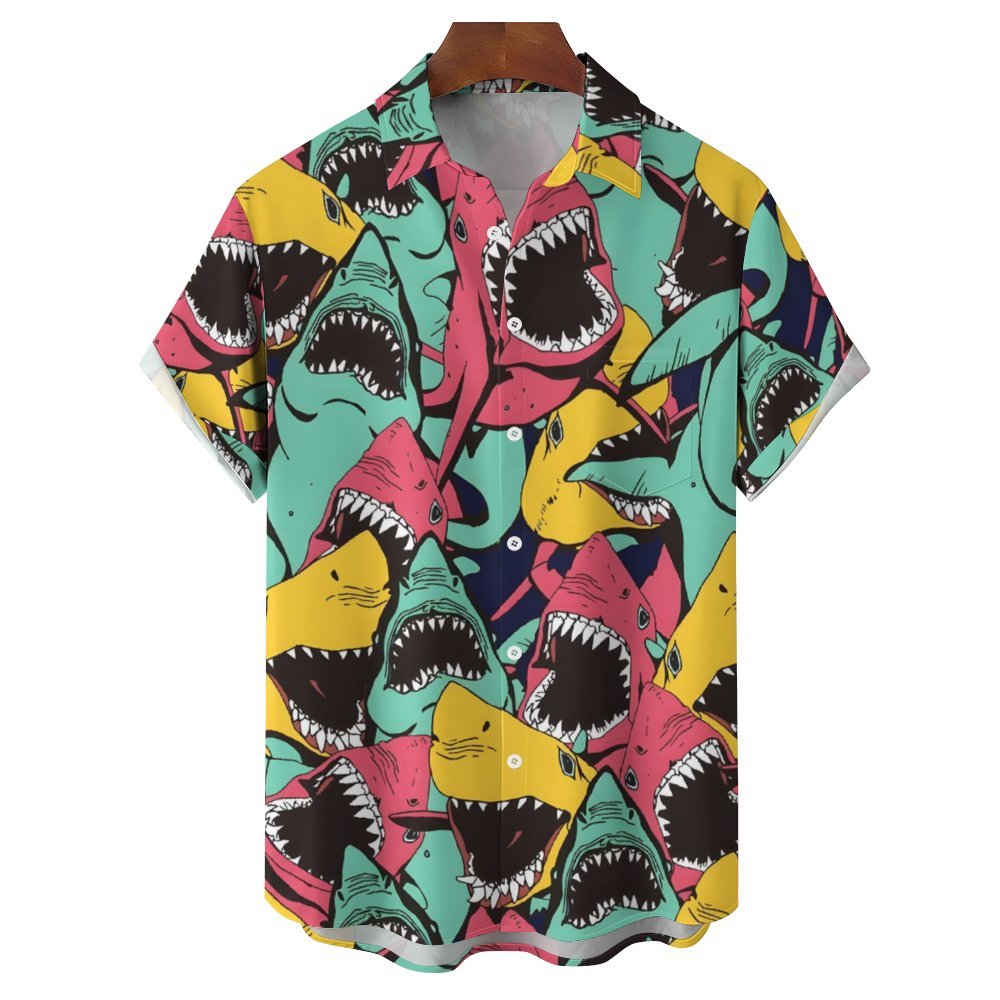 Shark Print Beach Men's Hawaiian Plus Size Shirt with Pockets 2401000033