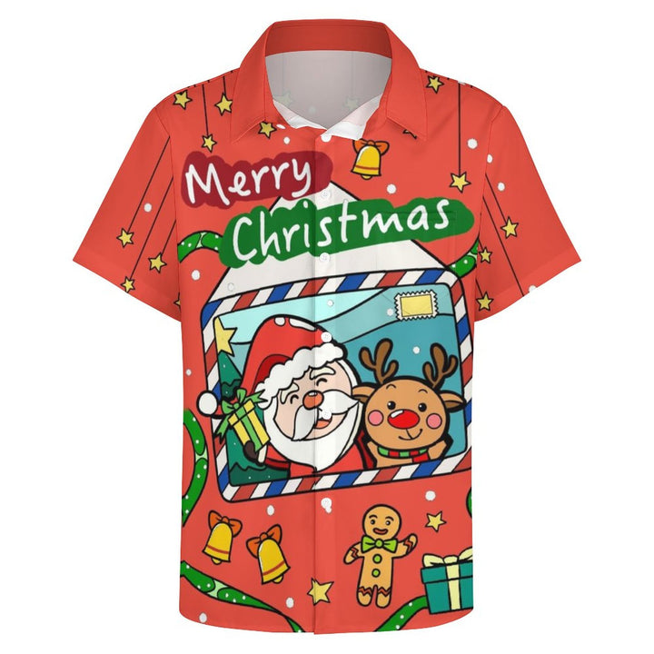 Christmas Printed Chest Pocket Short Sleeved Shirt 2309000825