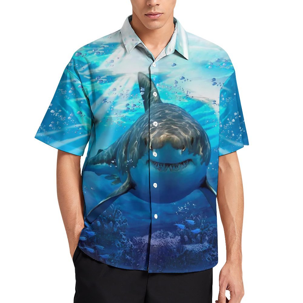 Men's Shark Printed Casual Chest Pocket Short Sleeve Shirt 2309000440