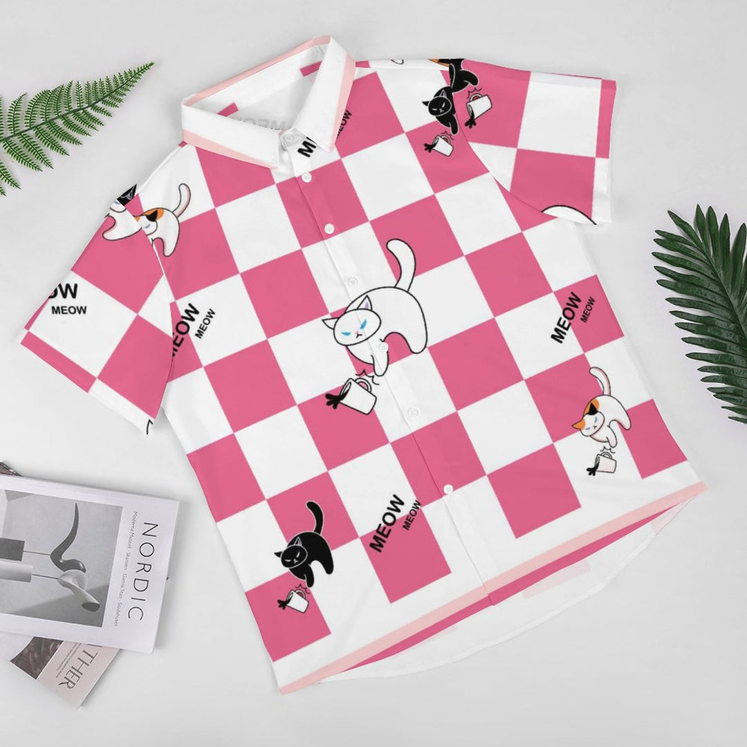 Fashionable Plaid Letters Cat Print Short Sleeve Shirt 2309000530