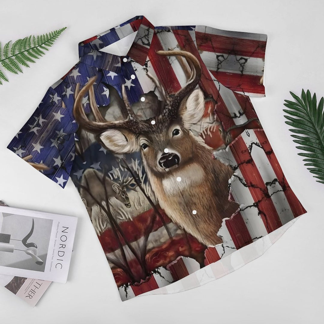 American Hunting Deer Head Print Casual Short Sleeve Shirt 2311000433