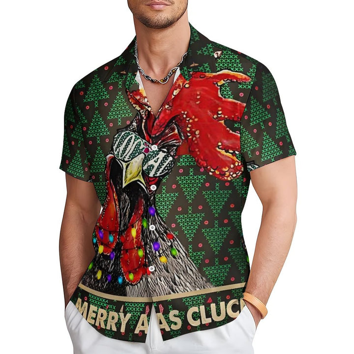 Christmas Rooster Chest Pocket Short Sleeve Casual Shirt 2310000983