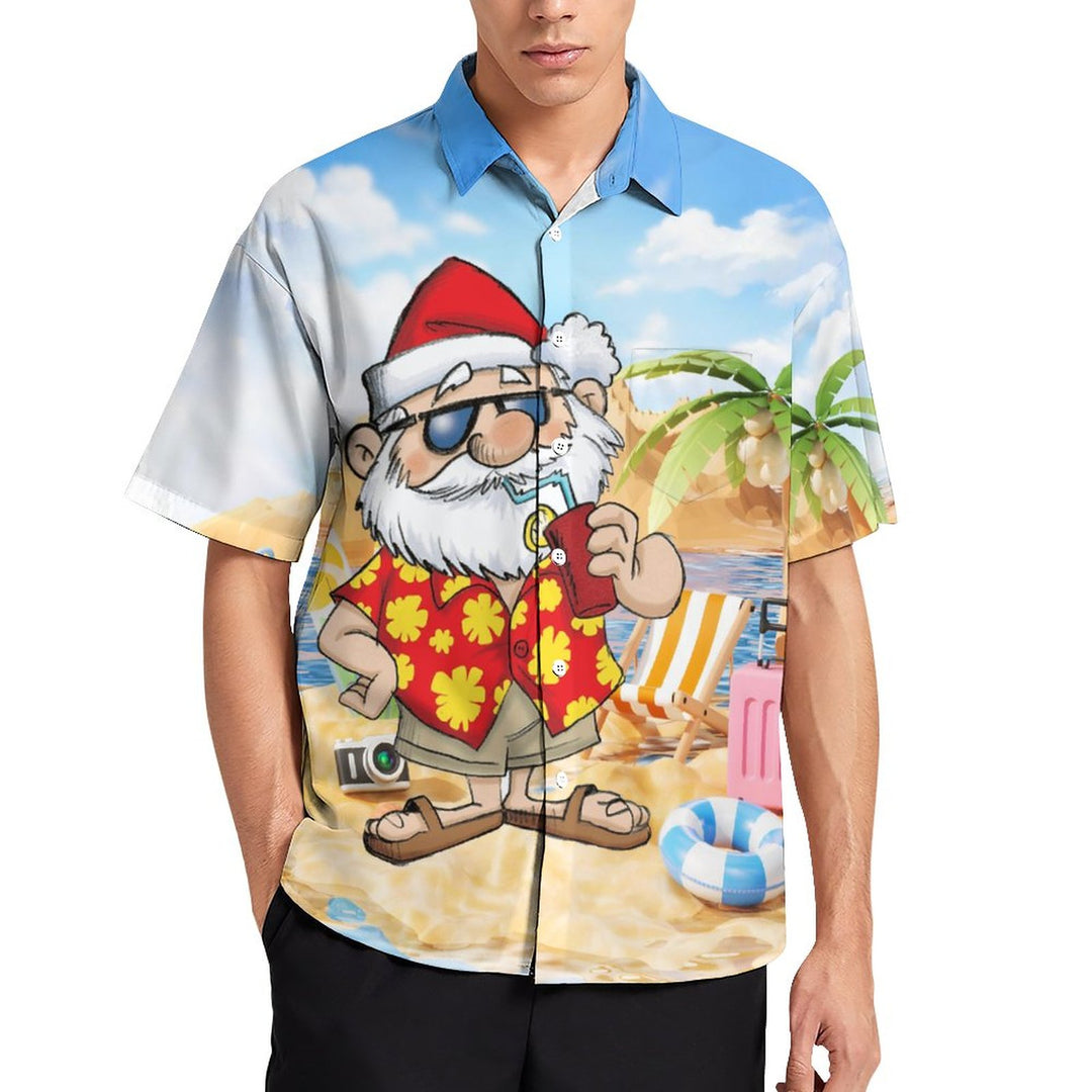 Santa's Beach Vacation Casual Print Chest Pocket Short Sleeve Shirt 2308100154