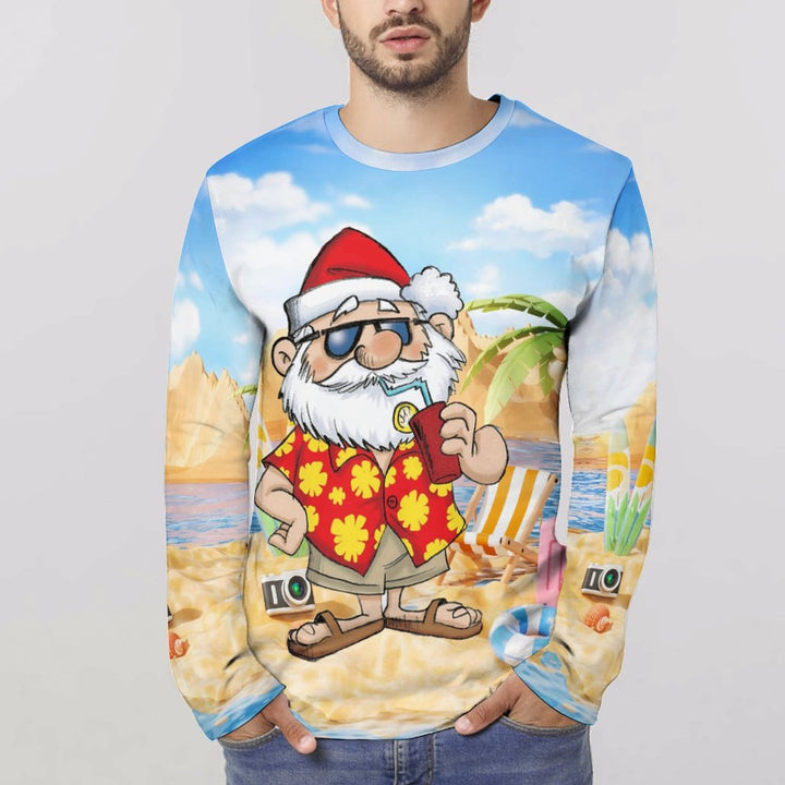 Santa's Beach Vacation Relaxed Print Long Sleeve T-Shirt 2308100153