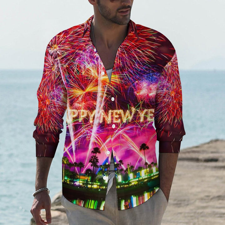 Men's Casual Happy New Year Fireworks Printed Long Sleeve Shirt 2311000297