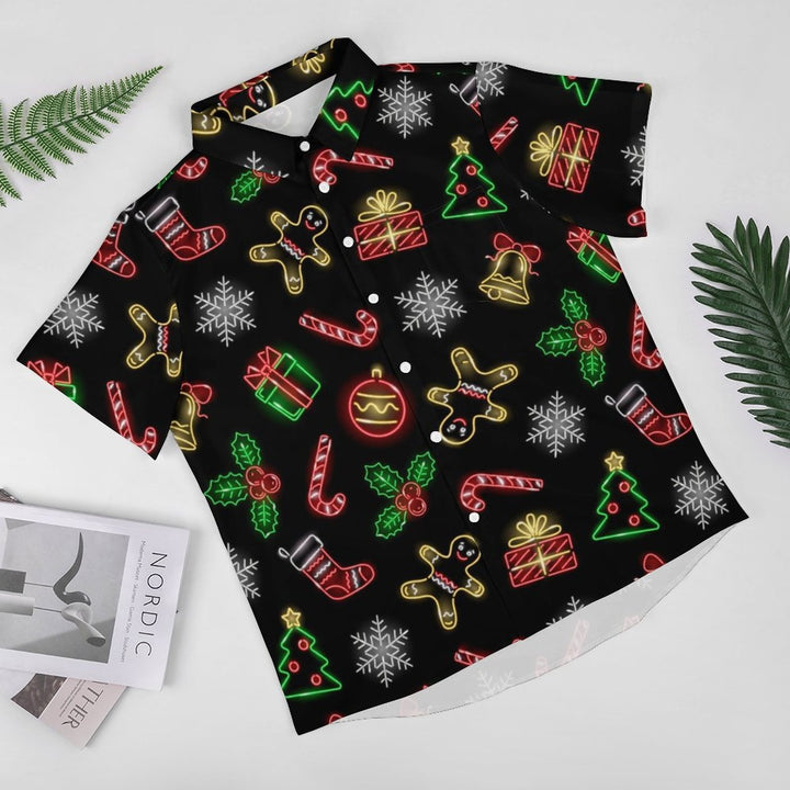 Christmas Neon Casual Chest Pocket Short Sleeve Shirt 2309000426