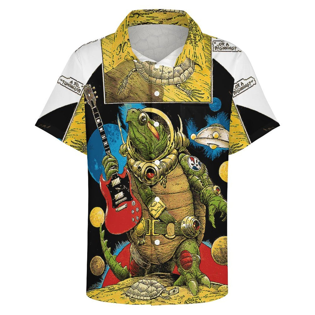 Space Turtle Music Casual Print Chest Pocket Short Sleeve Shirt 2309000565