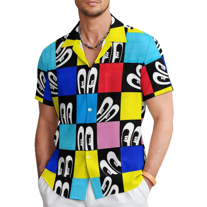 Men's Colorful Check Eye Print Casual Short Sleeve Shirt 2311000408
