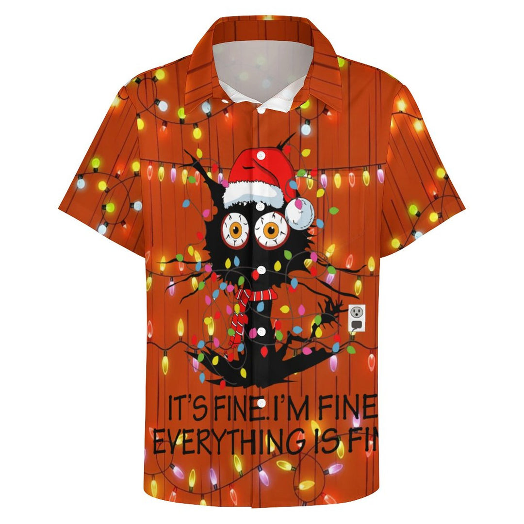 Christmas Colorful Lights Cat Casual Short Sleeve Shirt 2311000512