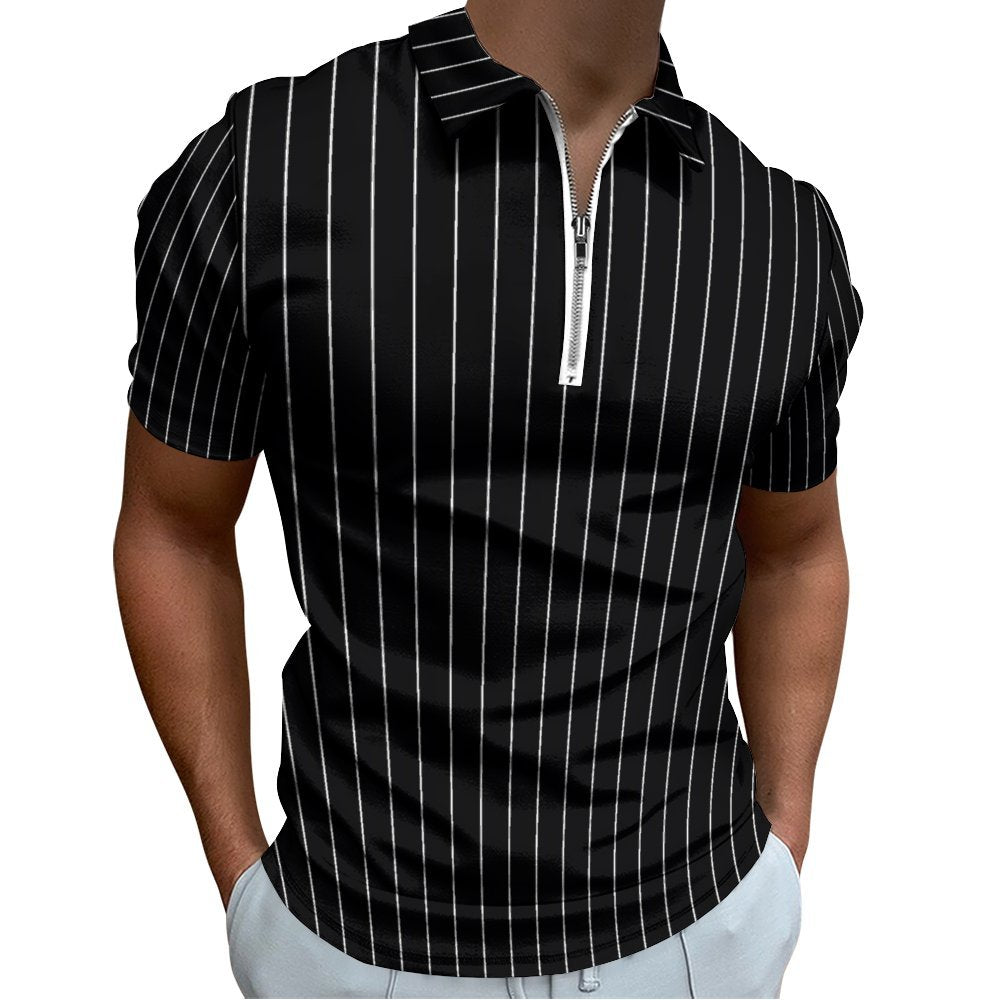 Men's Zip Short Sleeve Black and White Striped Polo Shirt 2311000597