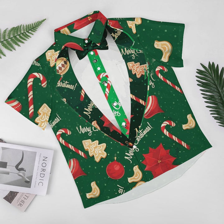 Christmas Tie Chest Pocket Short Sleeve Shirt 2310000331