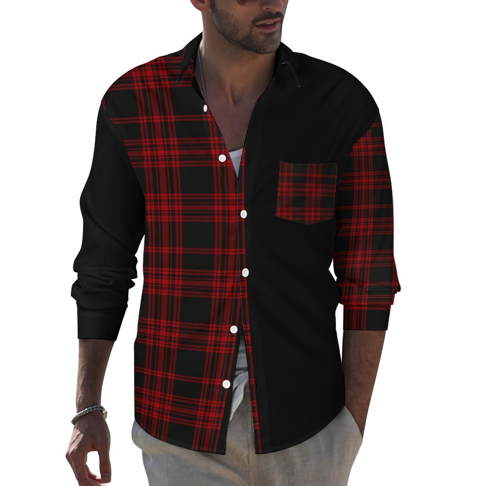 Men's casual black and red plaid printed long-sleeved shirt 2310000848