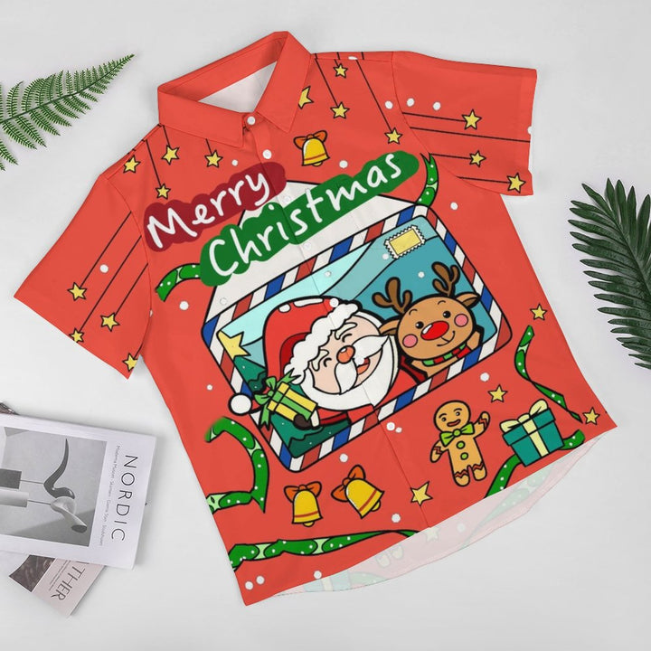 Christmas Printed Chest Pocket Short Sleeved Shirt 2309000825