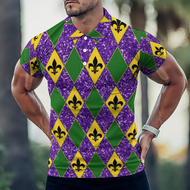 Men's Button-Down Short Sleeve Mardi Gras Geometric Print Polo Shirt 2312000158