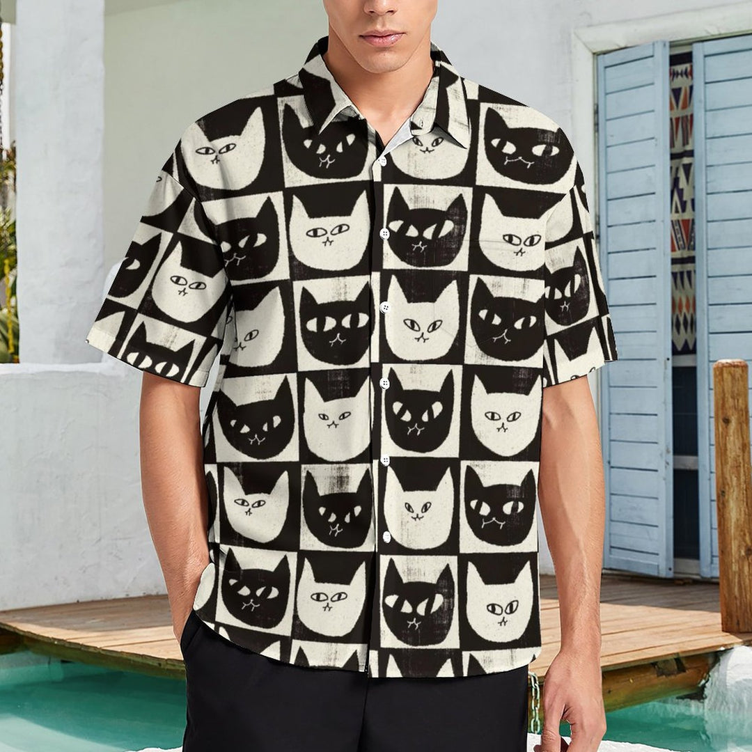 Men's Black And White Cat Printed Casual Short Sleeve Shirt 2308100744