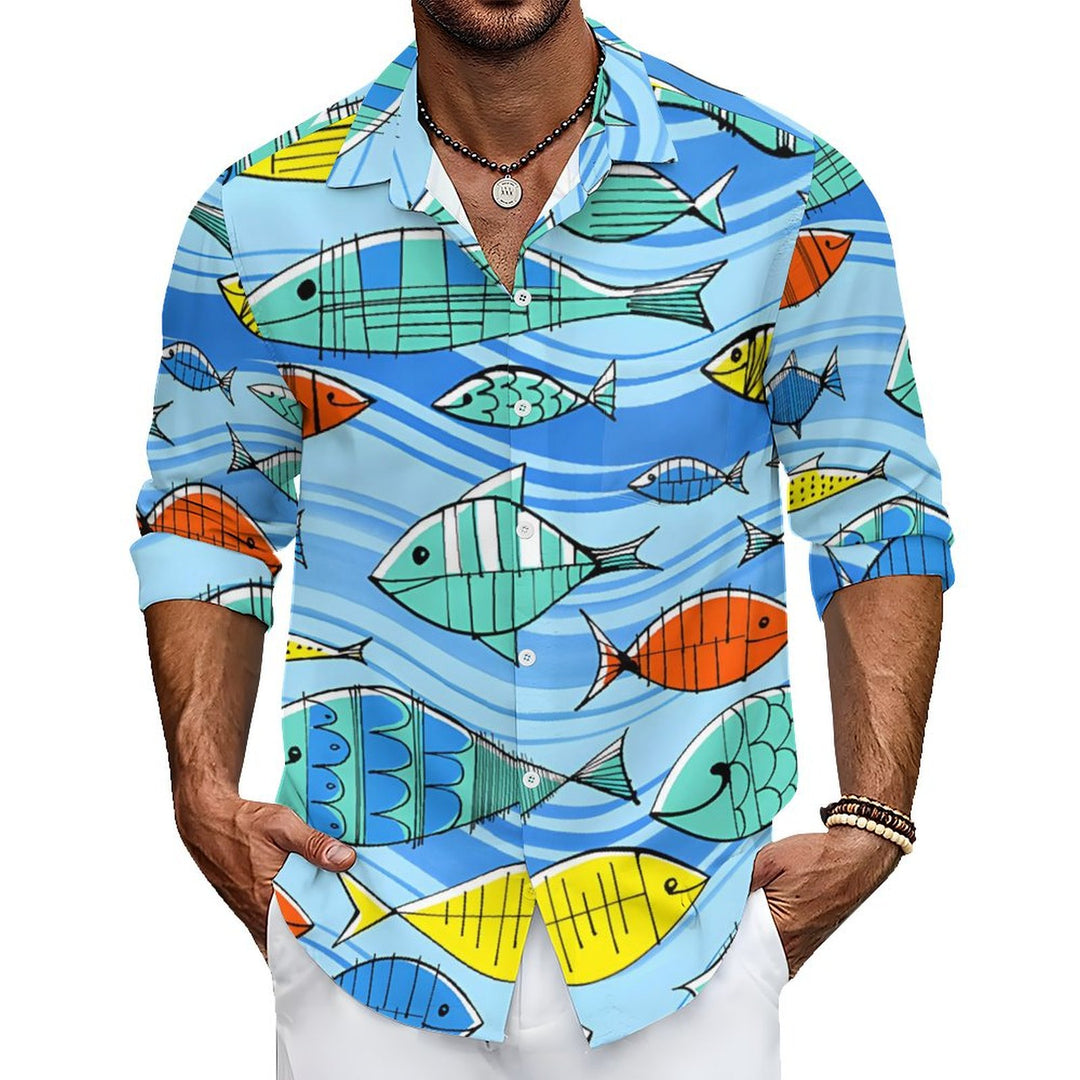 Men's Casual Fish Printed Long Sleeve Shirt 2401000161