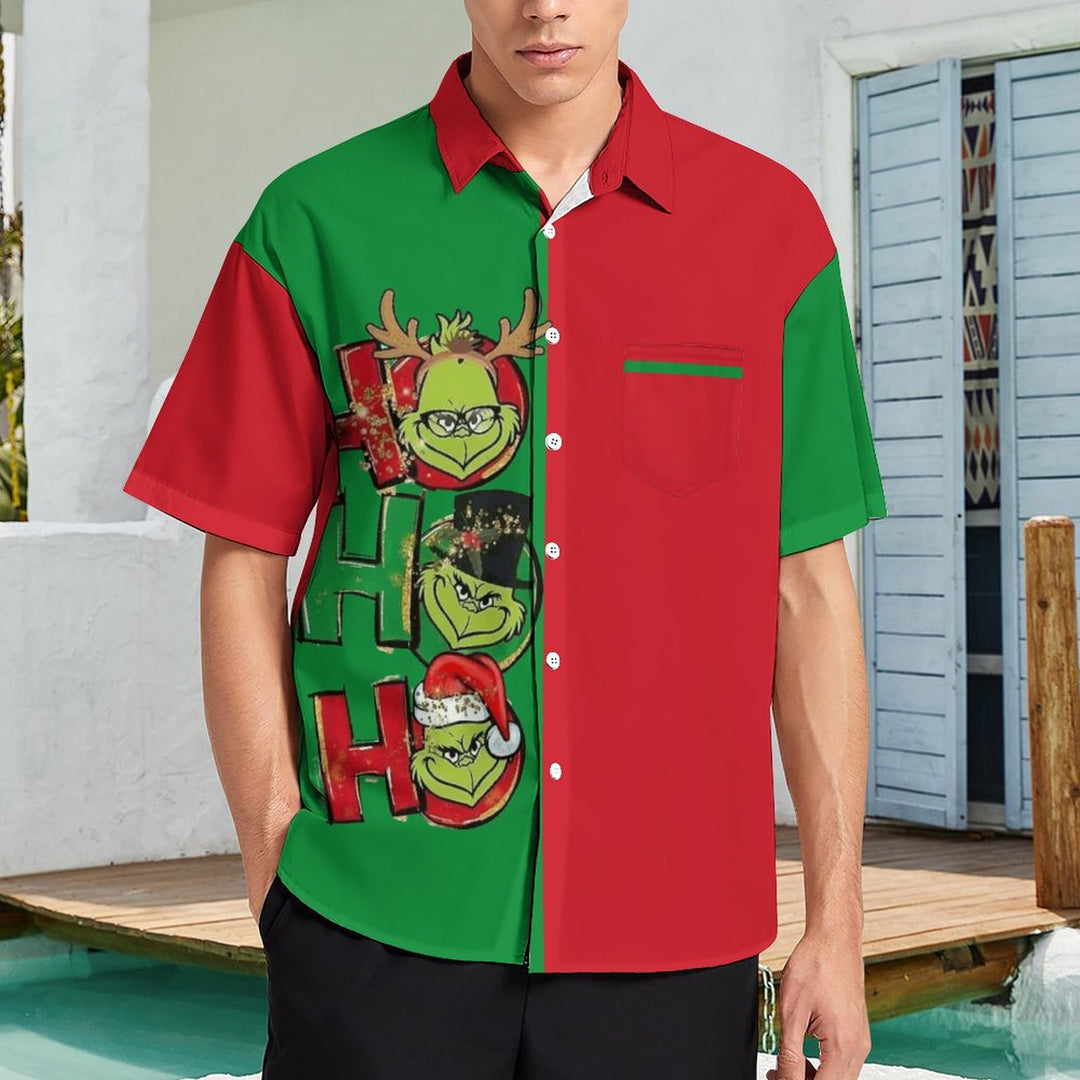 Christmas Green Monster Loose Breast Pocket Short Sleeve Shirt 2308100341