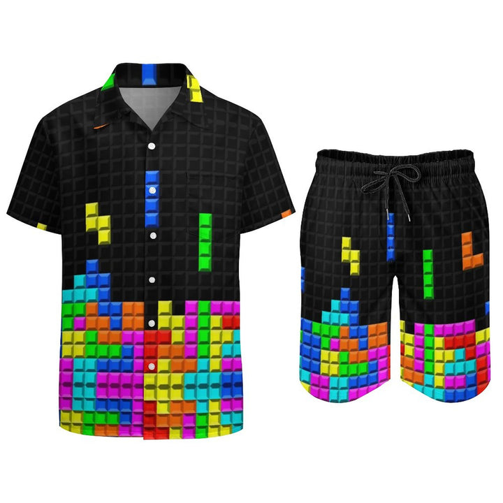 Men's Tetris Print Casual Short Sleeve Shirt 2306103842