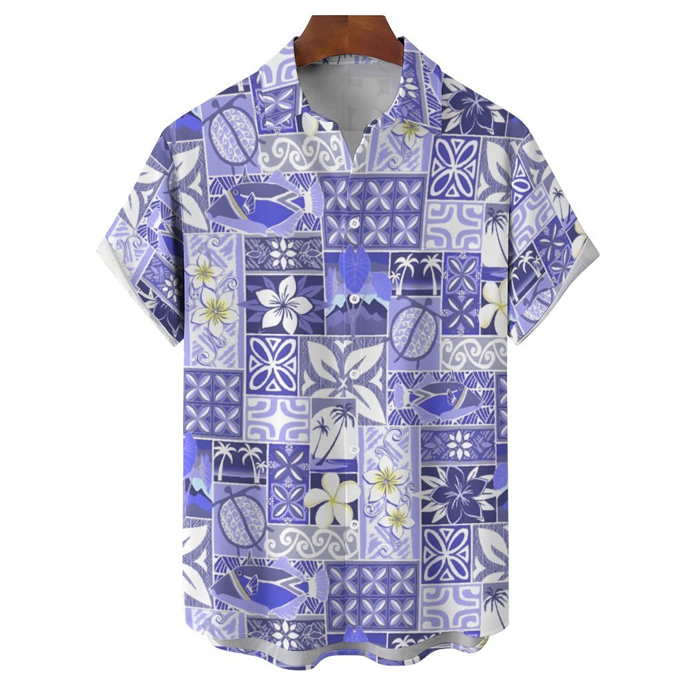 Hawaiian Flower Fish Geometric Splicing Art Casual Short Sleeve Shirt 2401000412