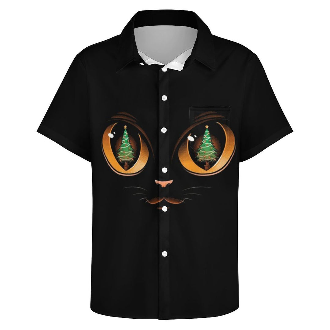 Men's Cat Eye Christmas Tree Print Casual Short Sleeve Shirt 2311000064