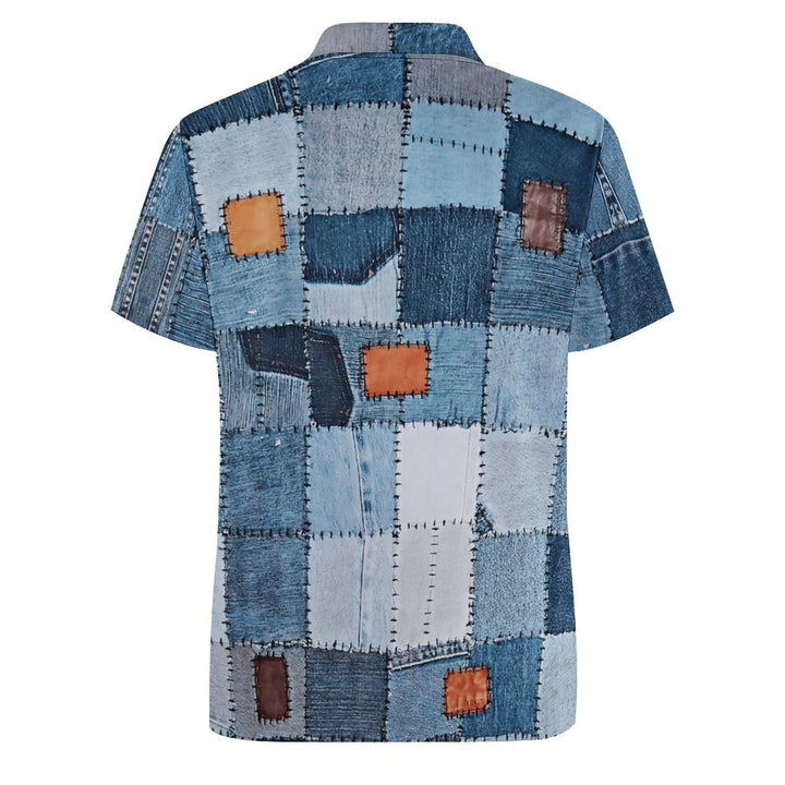 Men's Button-Down Short Sleeve Denim Panel Printed Polo Shirt 2312000153
