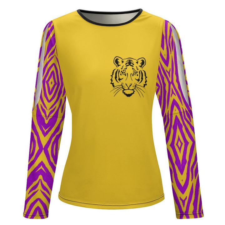Yellow Purple Tiger Football Long Sleeve Off-Shoulder Printed Casual T-Shirt 2310000512