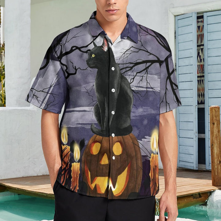 Halloween Black Cat Casual Chest Pocket Short Sleeve Shirt 2309000279