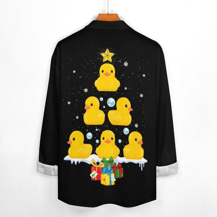 Men's Casual Little Yellow Duck Christmas Tree Printed Long Sleeve Shirt 2311000593