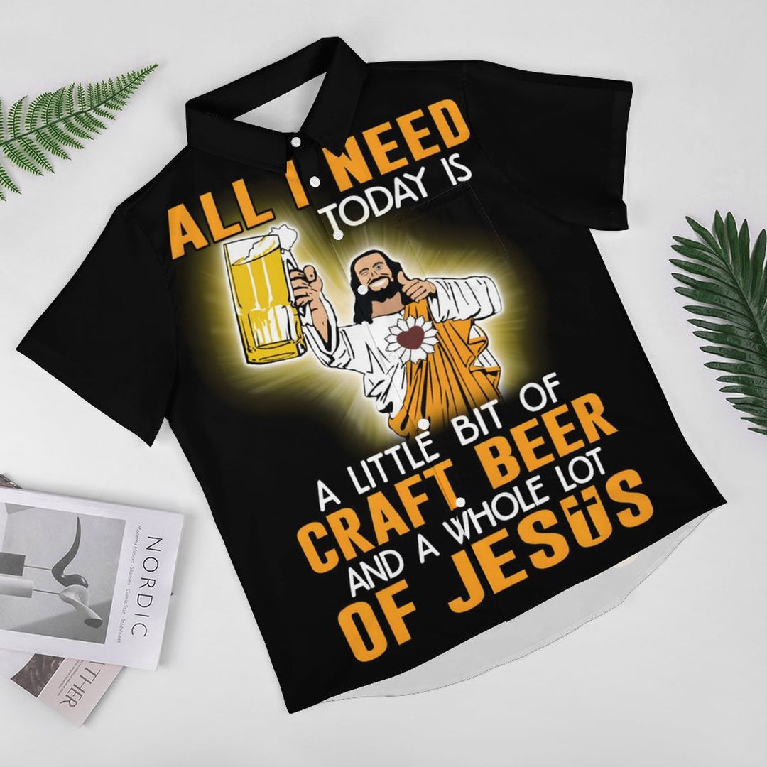 Jesus Beer Chest Pocket Short Sleeve Casual Shirt 2311000451