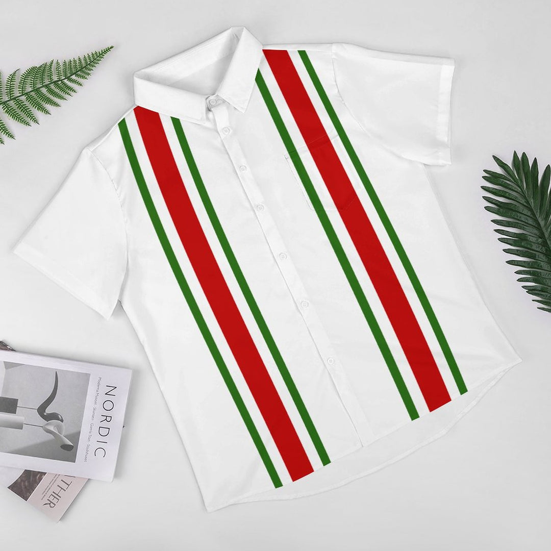 Christmas Classic Striped Casual Print Chest Pocket Short Sleeve Shirt 2309000469