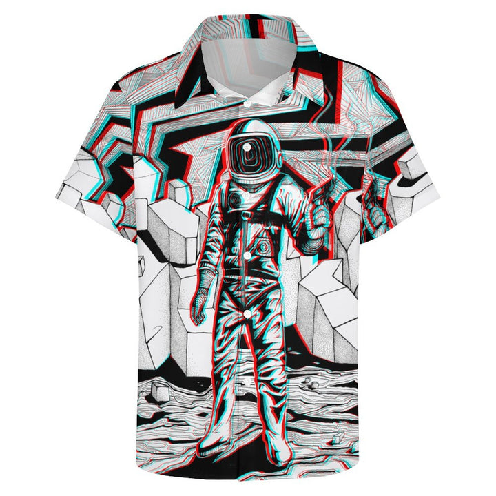 Casual Astronaut Print Chest Pocket Short Sleeve Shirt 2308100698