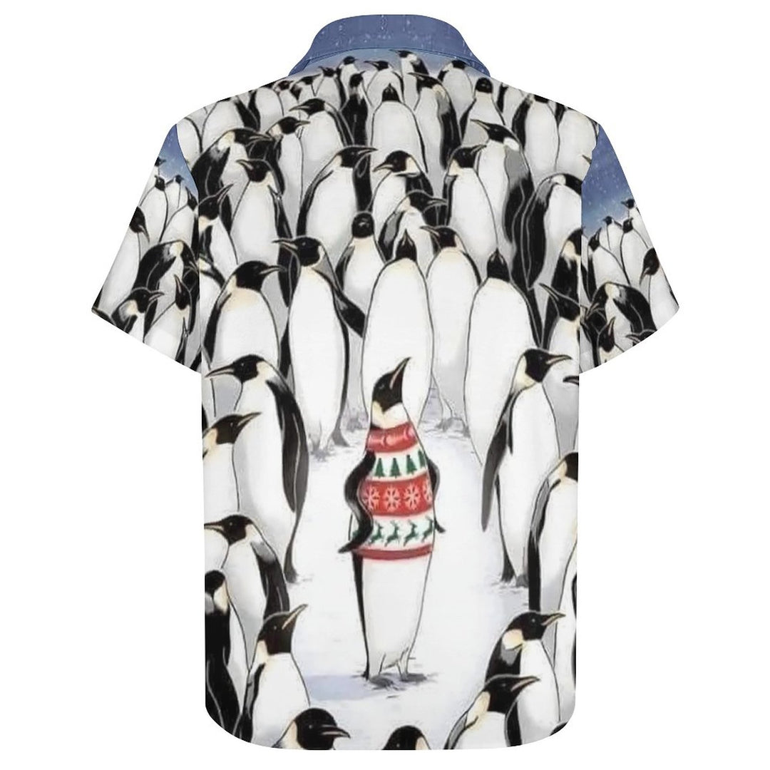 Men's Christmas Penguin Print Casual Short Sleeve Shirt 2310001001