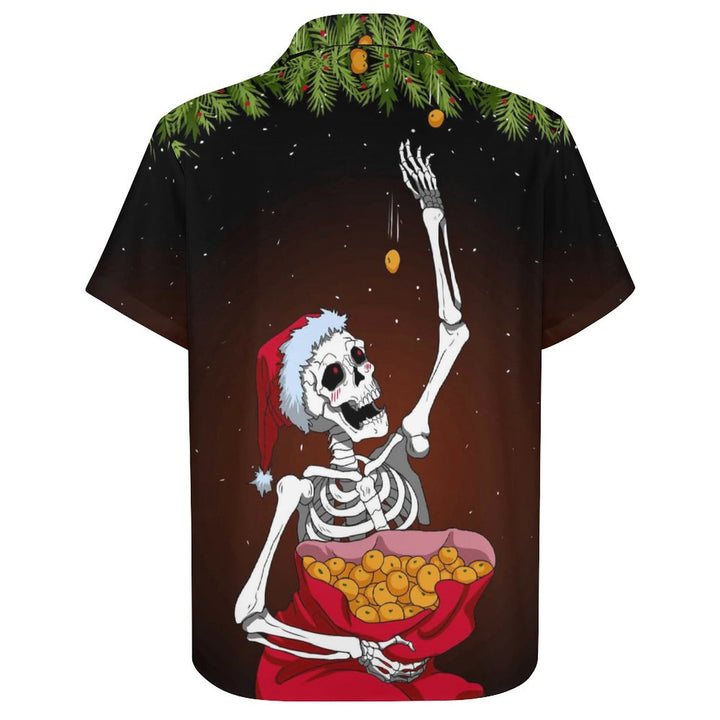 Skull Christmas Print Casual Chest Pocket Short Sleeve Shirt 2309000142