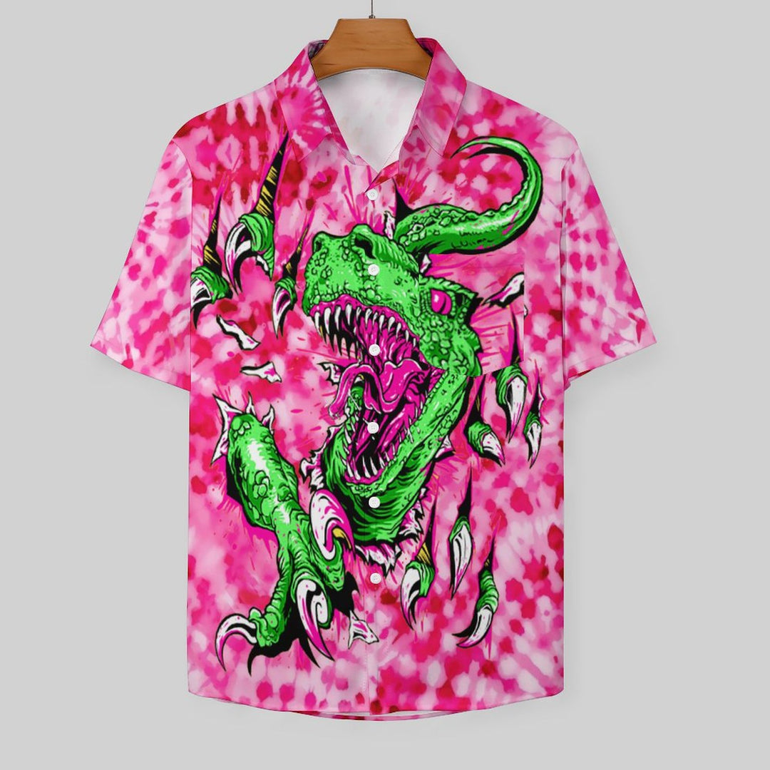 Tie Dyed Dinosaur Print Casual Chest Pocket Short Sleeved Shirt 2309000588