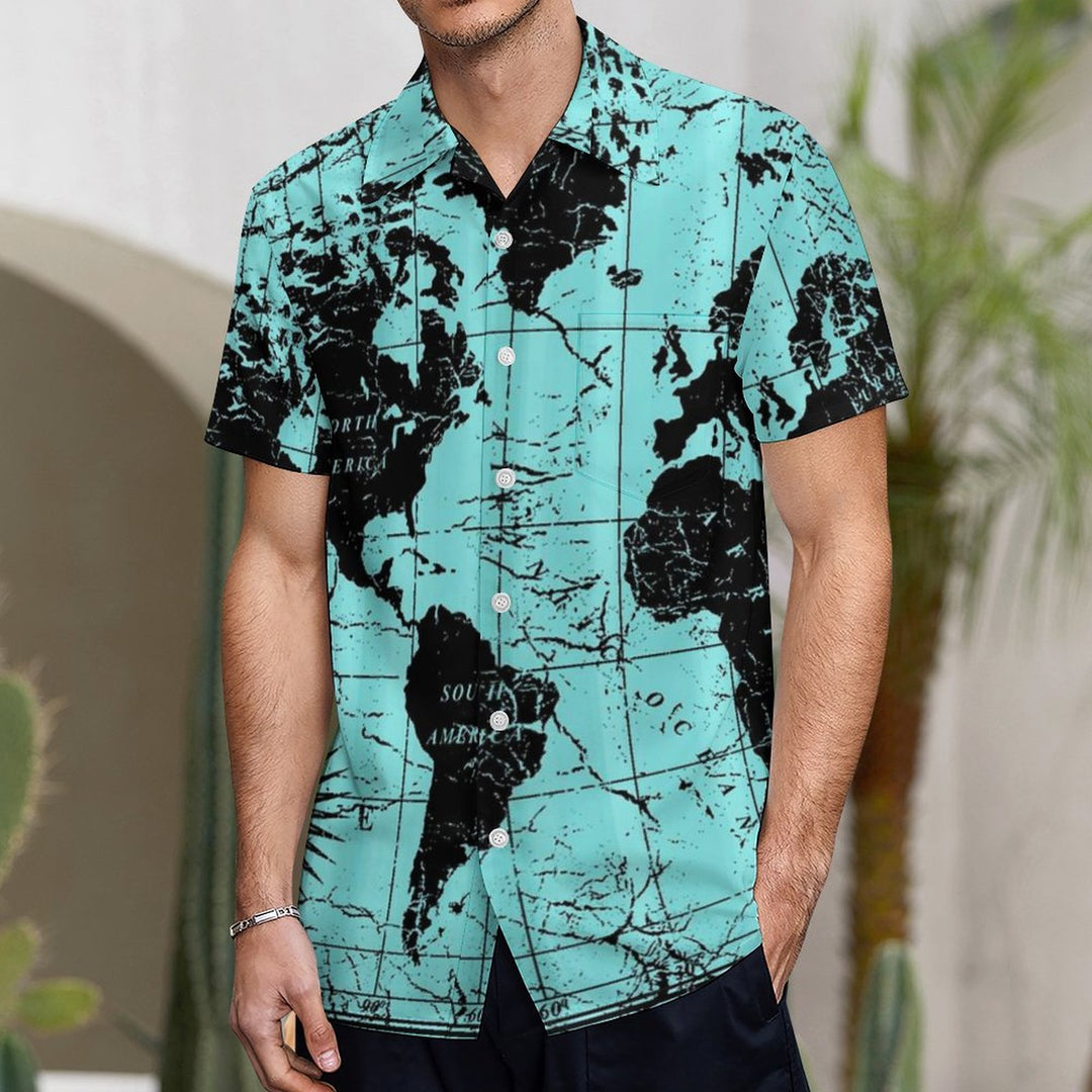 Vintage Map Breathable Casual Fashion Chest Pocket Short Sleeve Shirt 2307101615