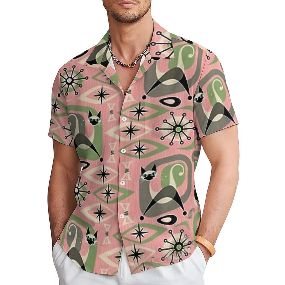 Men's Mid Century Pattern Chest Pocket Short Sleeve Casual Shirt 2310000913