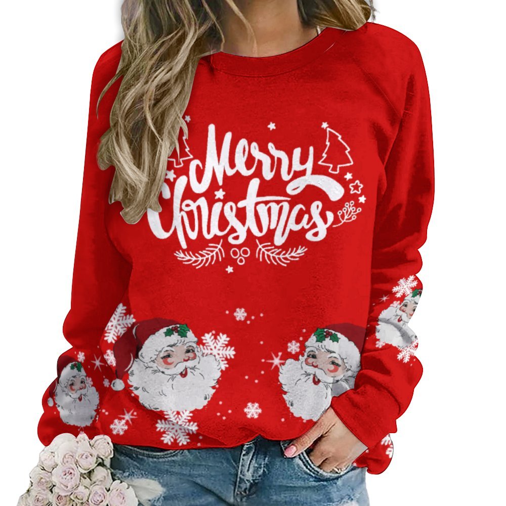 Women's Raglan Crew Neck Fashionable Santa Claus and Snowflake Print Sweatshirt 2310000500