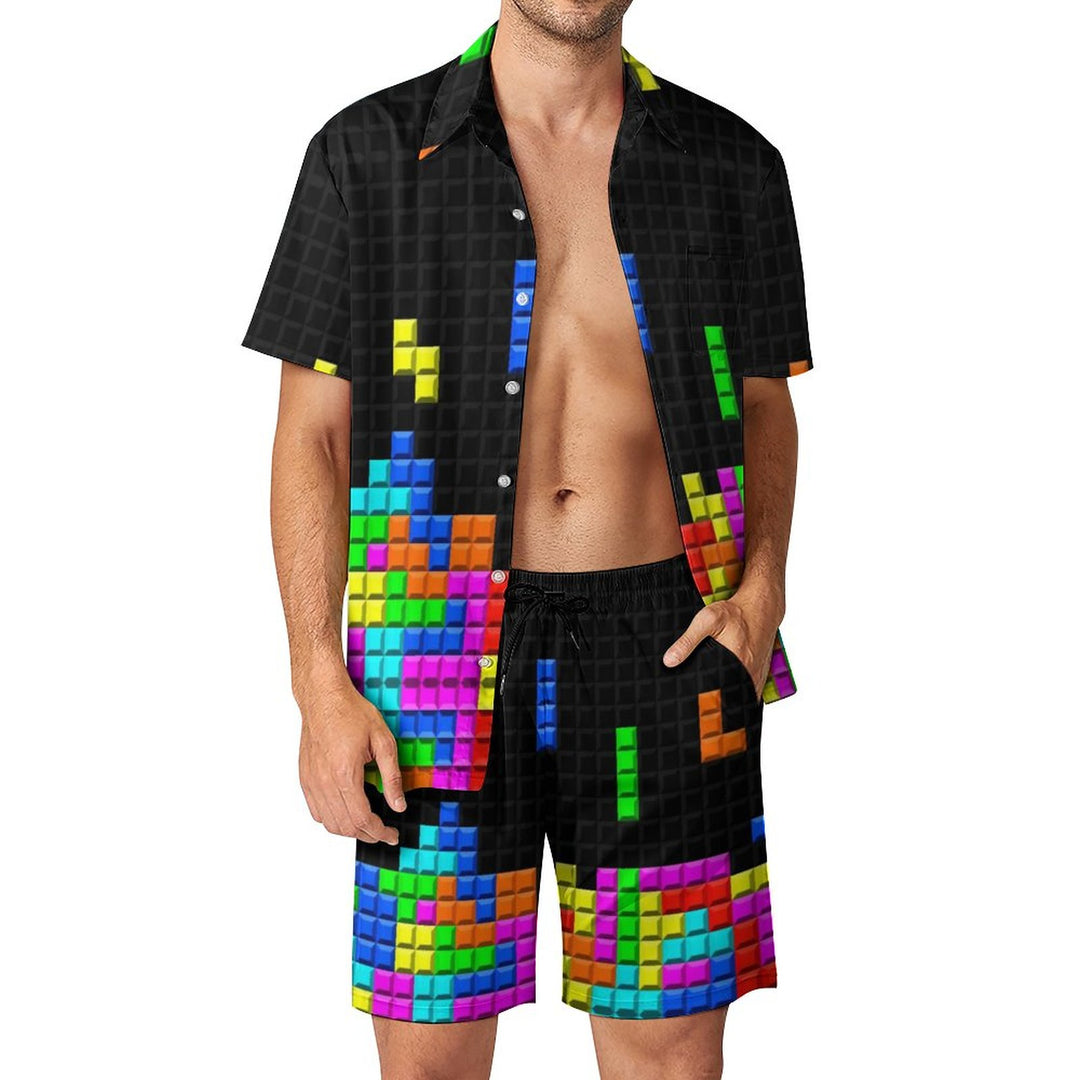 Men's Tetris Print Casual Short Sleeve Shirt 2306103842