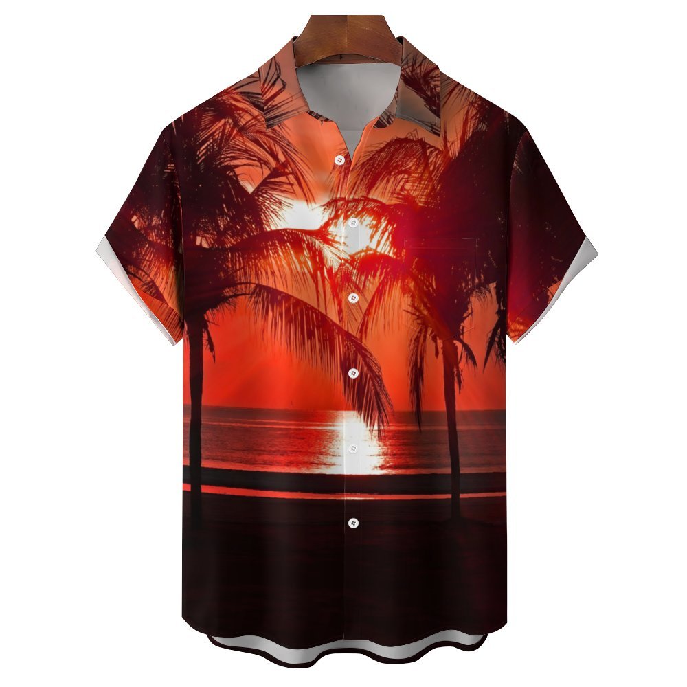 Men's Hawaiian Sunset Coconut TreeCasual Short Sleeve Shirt 2401000062