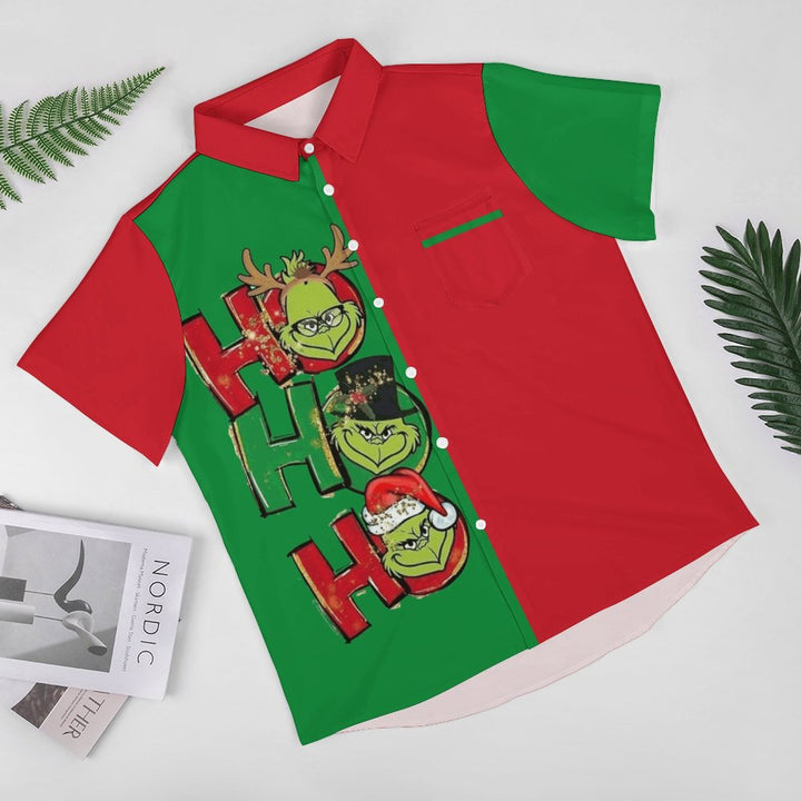 Christmas Green Monster Loose Breast Pocket Short Sleeve Shirt 2308100341