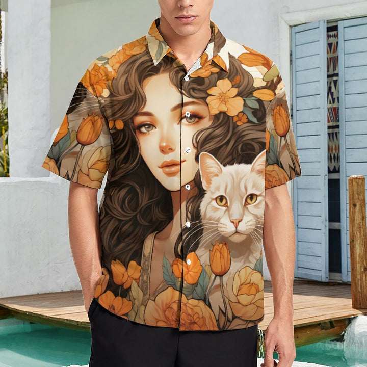 Fashionable Cat Print Casual Flower Short Sleeve Shirt 2309000533