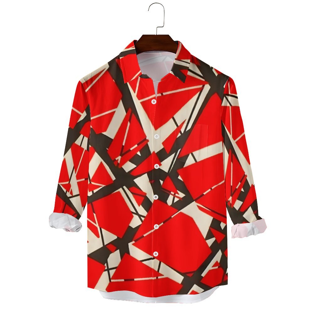 Men's Casual Red Black And White Lines Printed Long Sleeve Shirt 2311000611